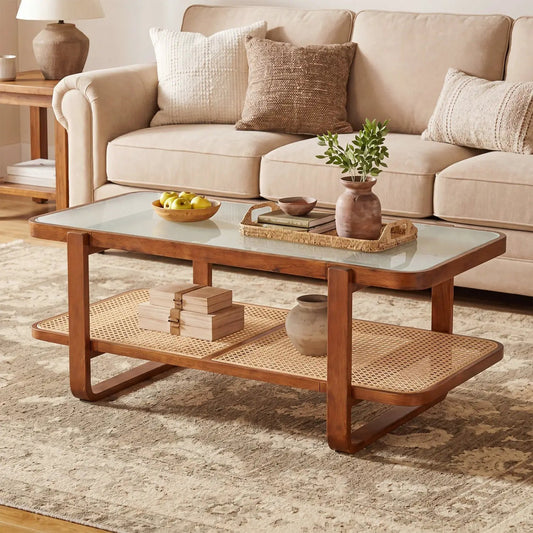 Rattan Coffee Table with Tempered Glass Top