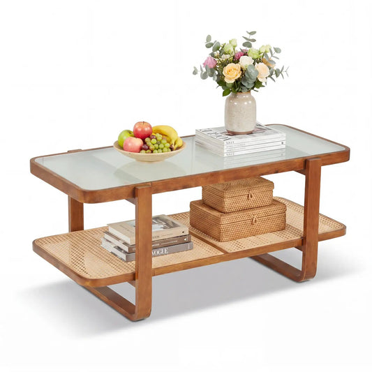 Rattan Coffee Table with Tempered Glass Top