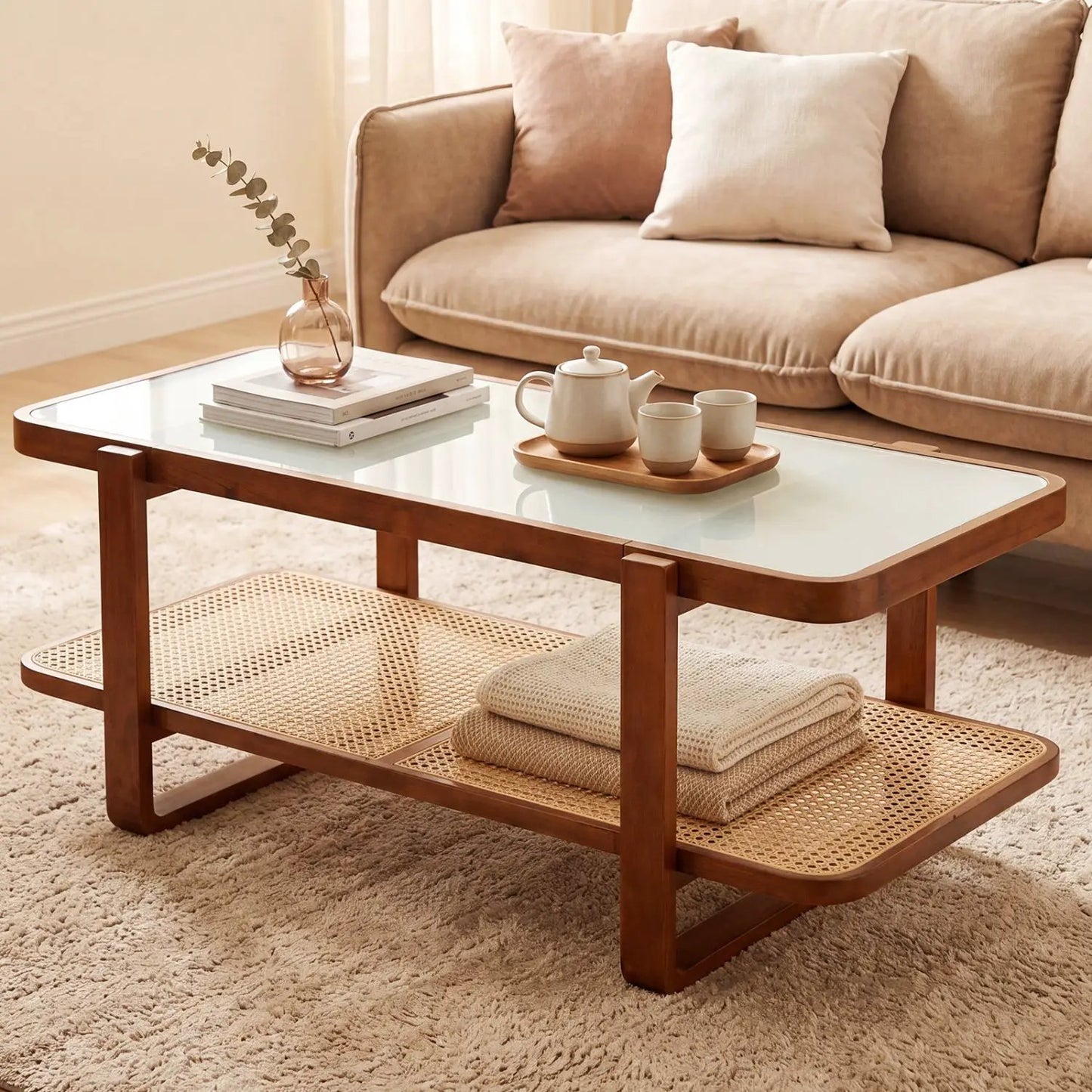 Rattan Coffee Table with Tempered Glass Top