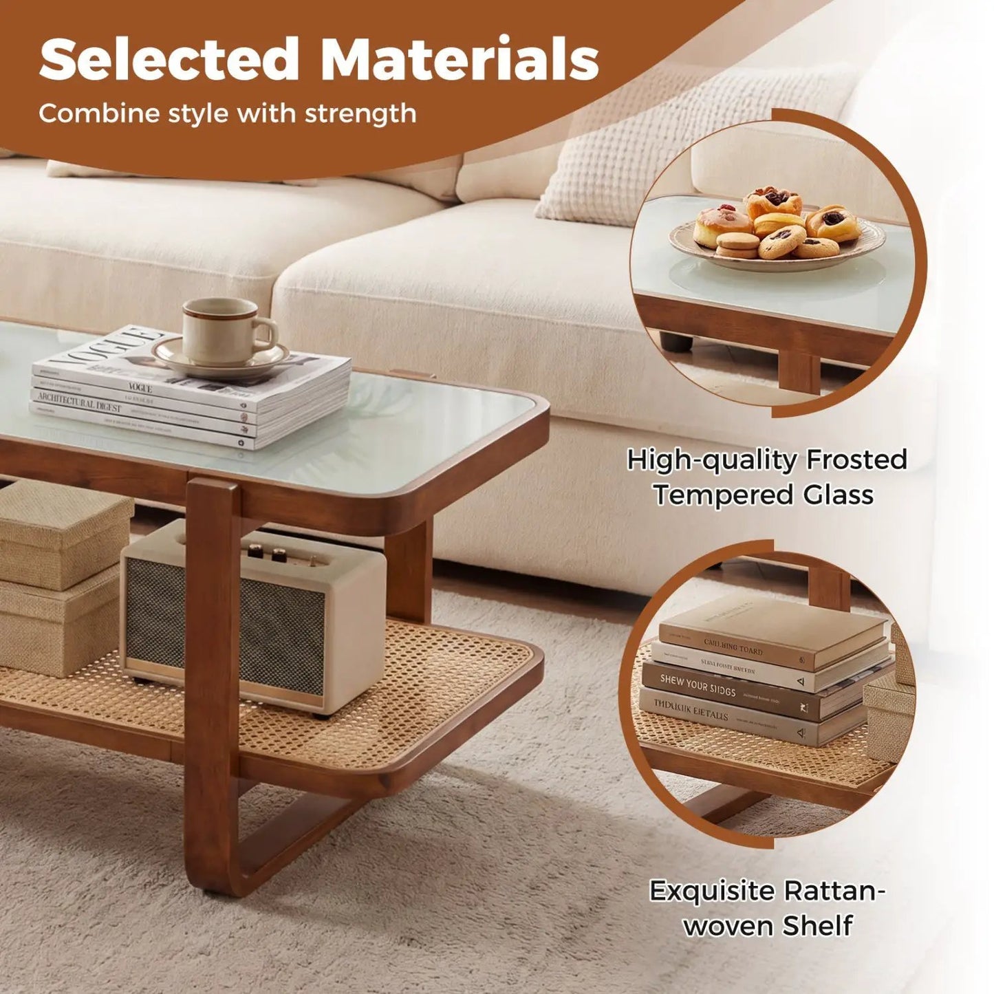 Rattan Coffee Table with Tempered Glass Top