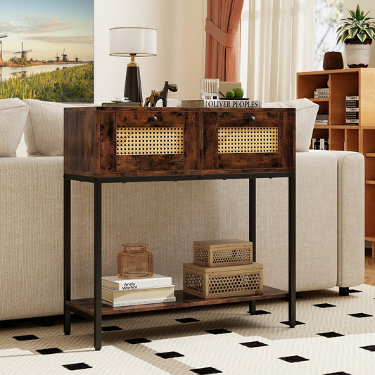 Rattan Console Table Boho Entryway Table with 2 Rattan Drawers and Open Storage Shelf - Tampa Home & Garden Store