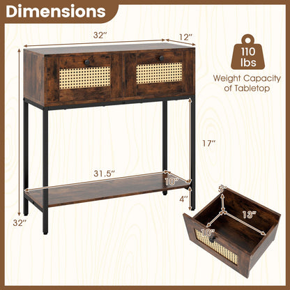 Rattan Console Table Boho Entryway Table with 2 Rattan Drawers and Open Storage Shelf