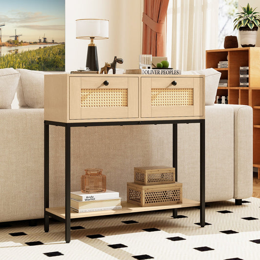 Rattan Console Table Boho Entryway Table with 2 Rattan Drawers and Open Storage Shelf - Tampa Home & Garden Store