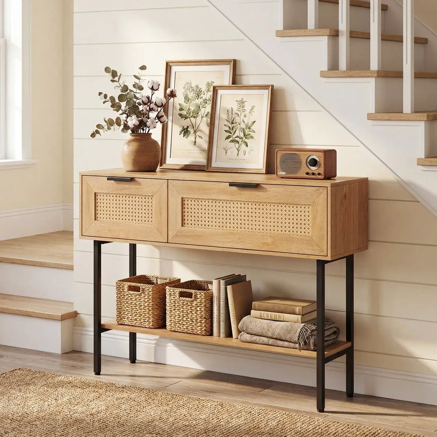 Rattan Console Table with 2 Storage Cabinets Shelf Carbon Steel Frame