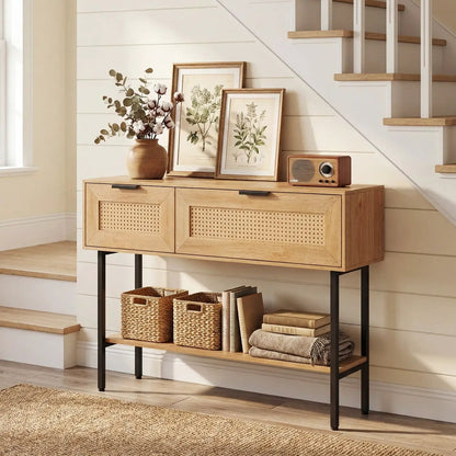 Rattan Console Table with 2 Storage Cabinets Shelf Carbon Steel Frame