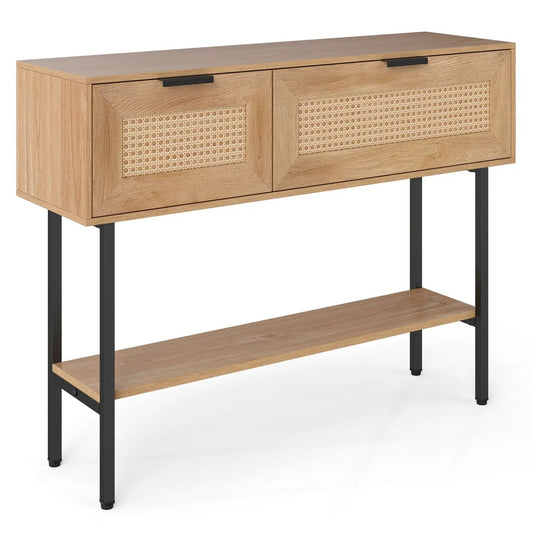 Rattan console table with 2 storage cabinets, cane panels, wood frame, black metal legs on Tampa Home & Garden Store