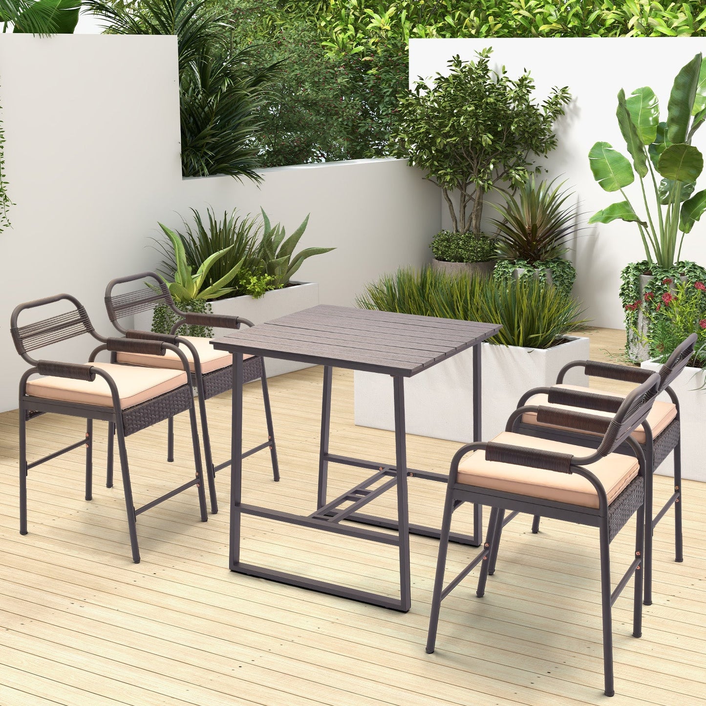 Juego de barra de ratán de 5 piezas con 4 taburetes y mesa de barra de Polywood - Marrón