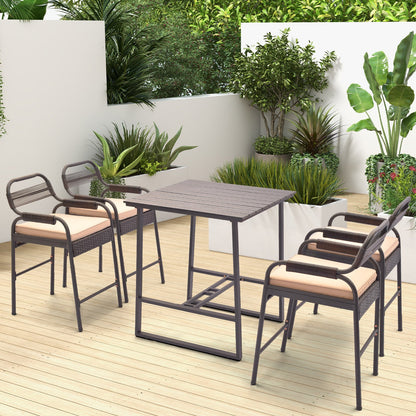 Juego de barra de ratán de 5 piezas con 4 taburetes y mesa de barra de Polywood - Marrón