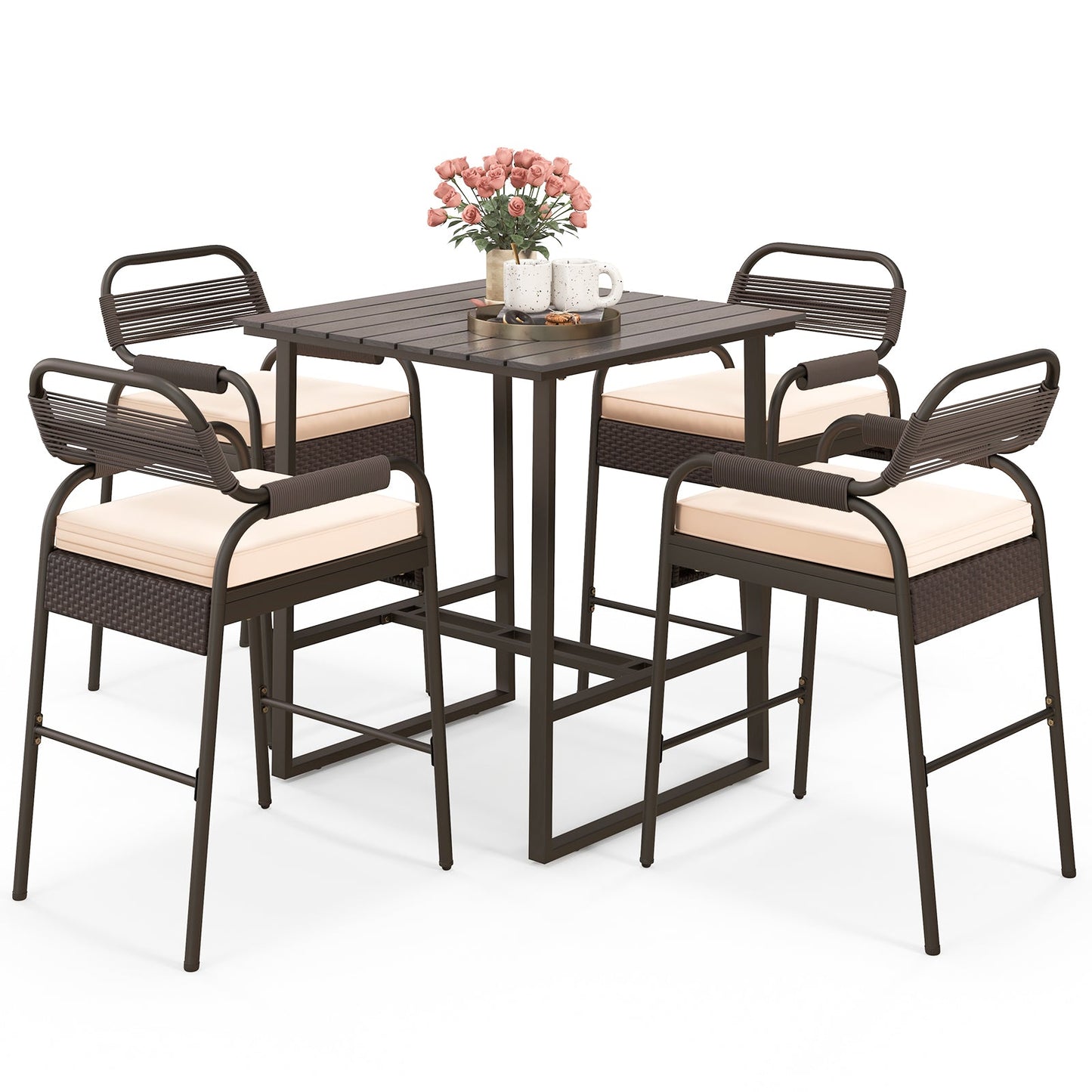 Juego de barra de ratán de 5 piezas con 4 taburetes y mesa de barra de Polywood - Marrón
