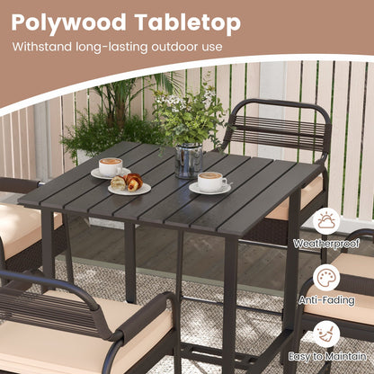 Juego de barra de ratán de 5 piezas con 4 taburetes y mesa de barra de Polywood - Marrón