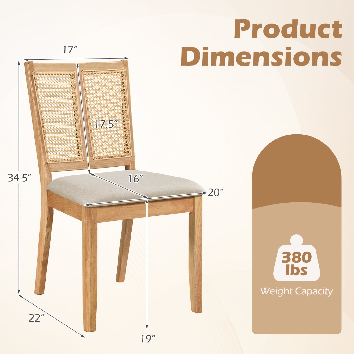 Rattan Dining Chairs Set of 2 with curved backrests; wood frame, caned backs, beige seats on Tampa Home & Garden Store