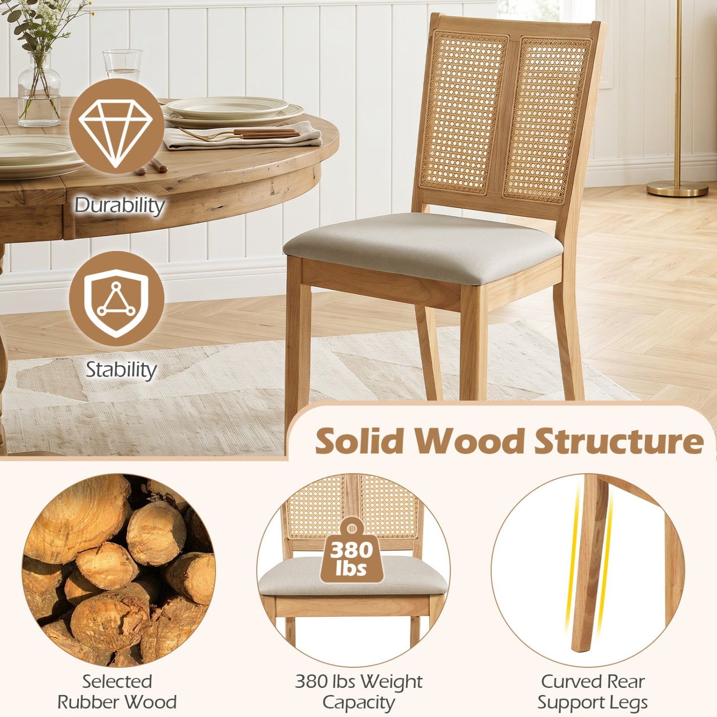 Rattan Dining Chairs DirectDeals, set of 2 with curved backrests, solid wood frame on Tampa Home & Garden Store