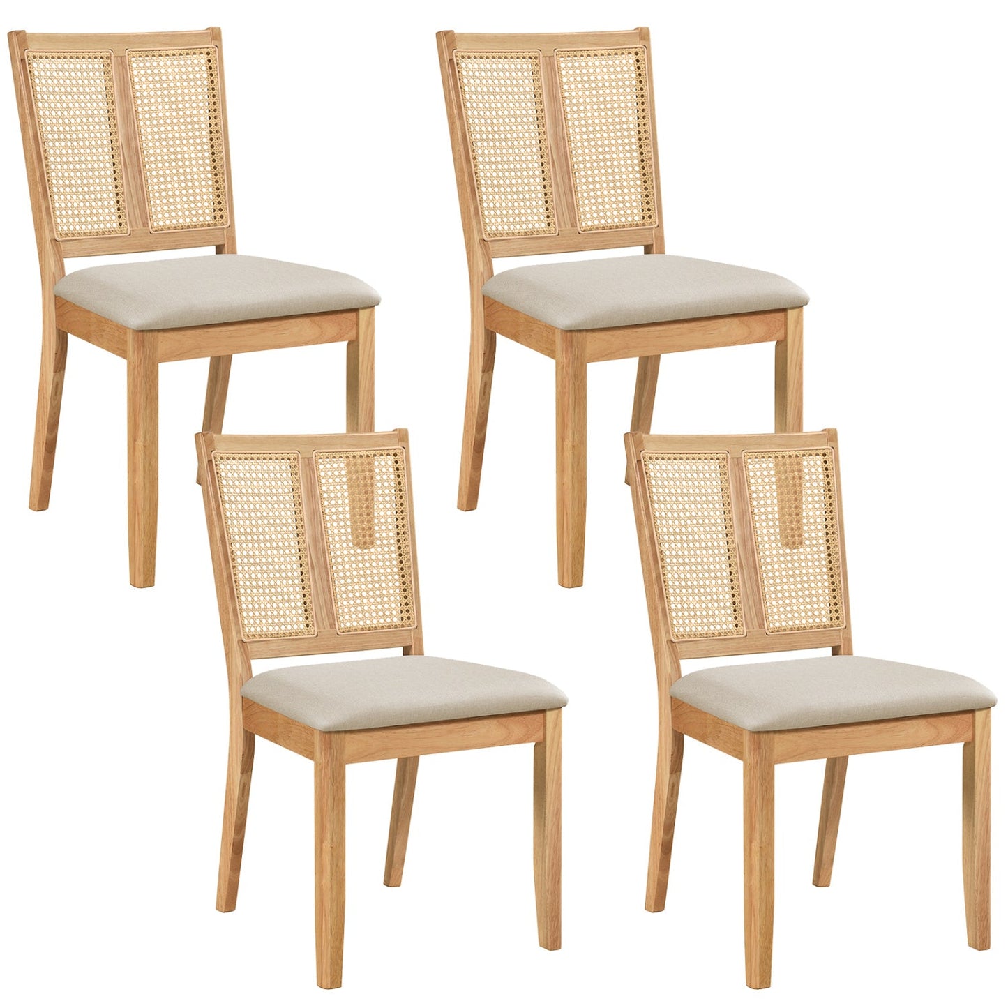 Rattan dining chairs set of 4 with padded beige seats, natural wood frames, DirectDeals on Tampa Home & Garden Store