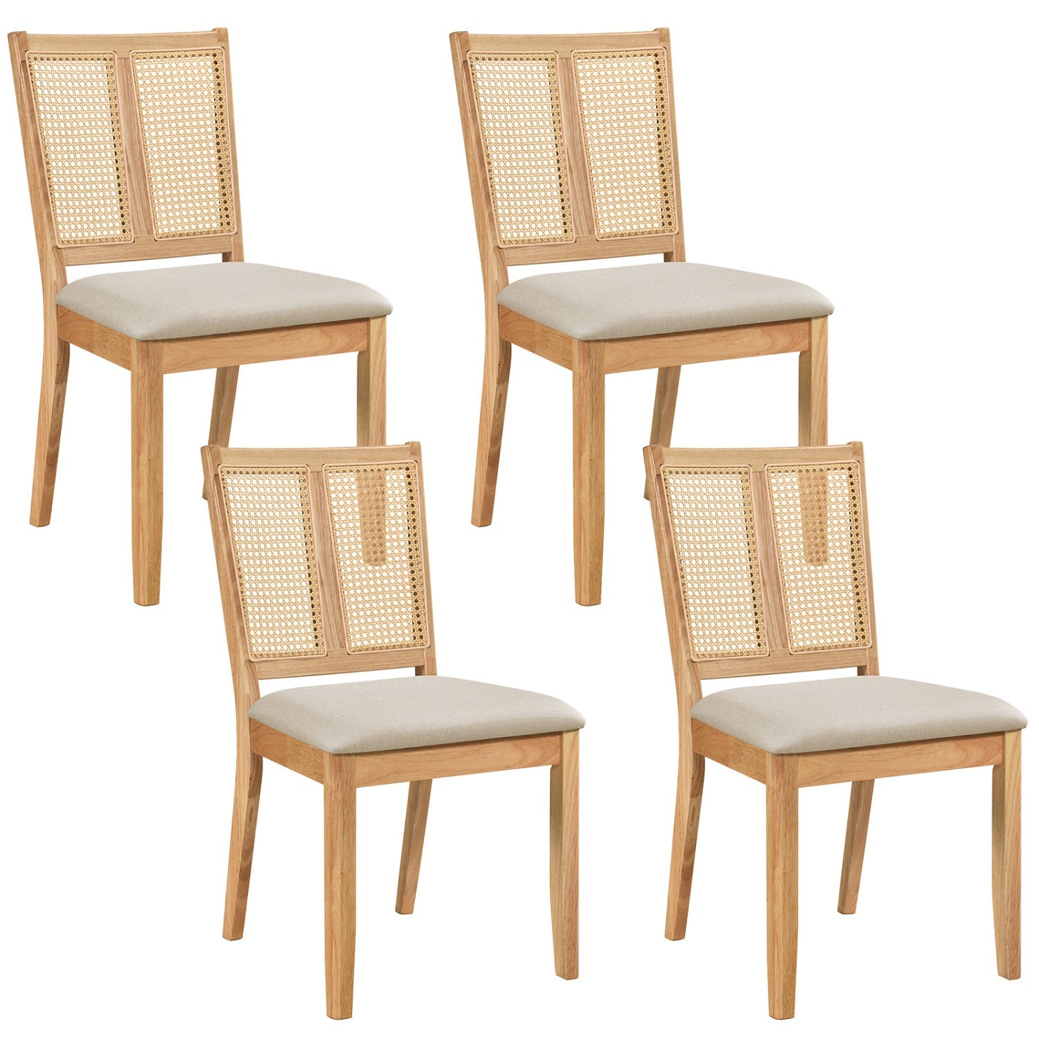 Rattan dining chairs set of 4 with padded beige seats, natural wood frames, DirectDeals on Tampa Home & Garden Store