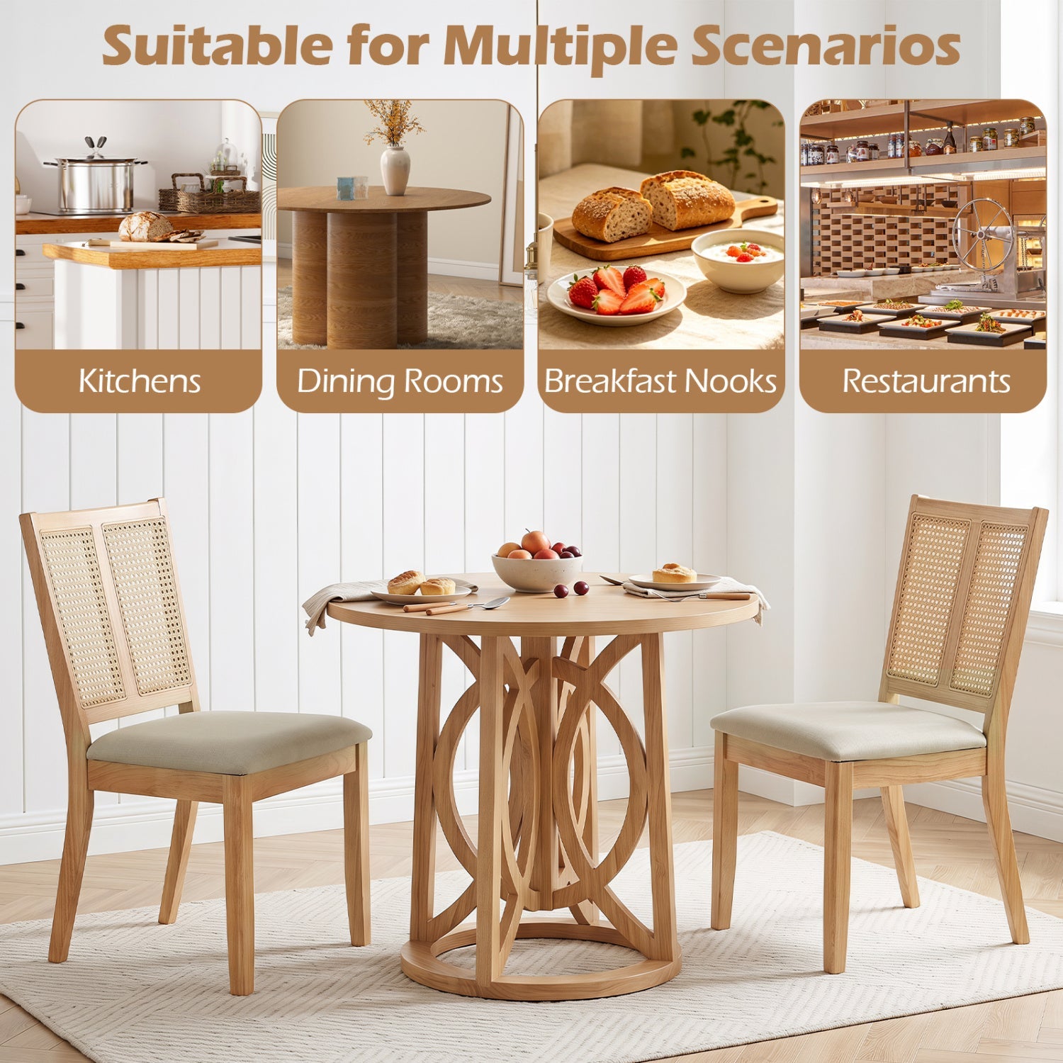 Rattan dining chairs set of 4 with padded seats around a round natural wood table on Tampa Home & Garden Store