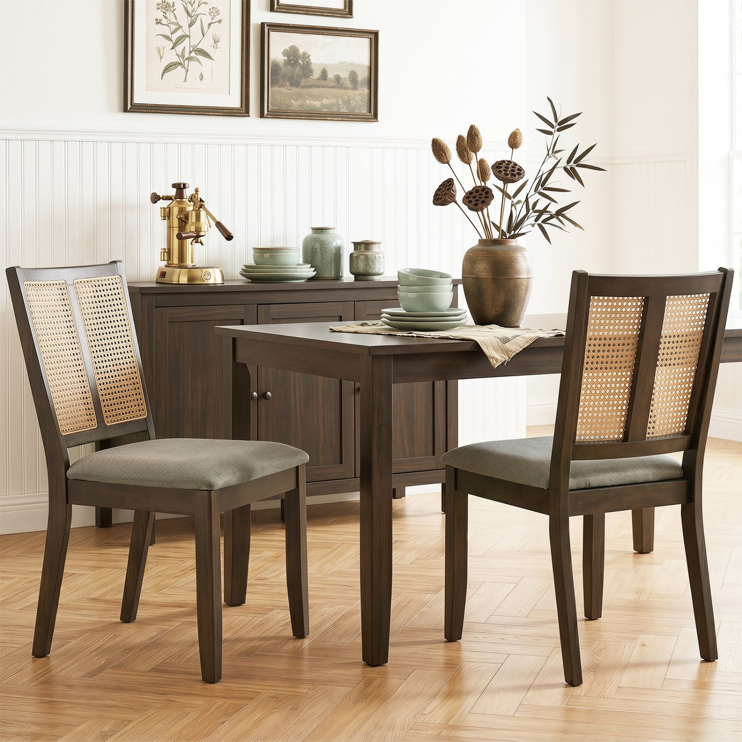 DirectDeals Rattan Dining Chairs 2-pack with curved backs dark wood frame and caned backs gray seats on Tampa Home & Garden Store