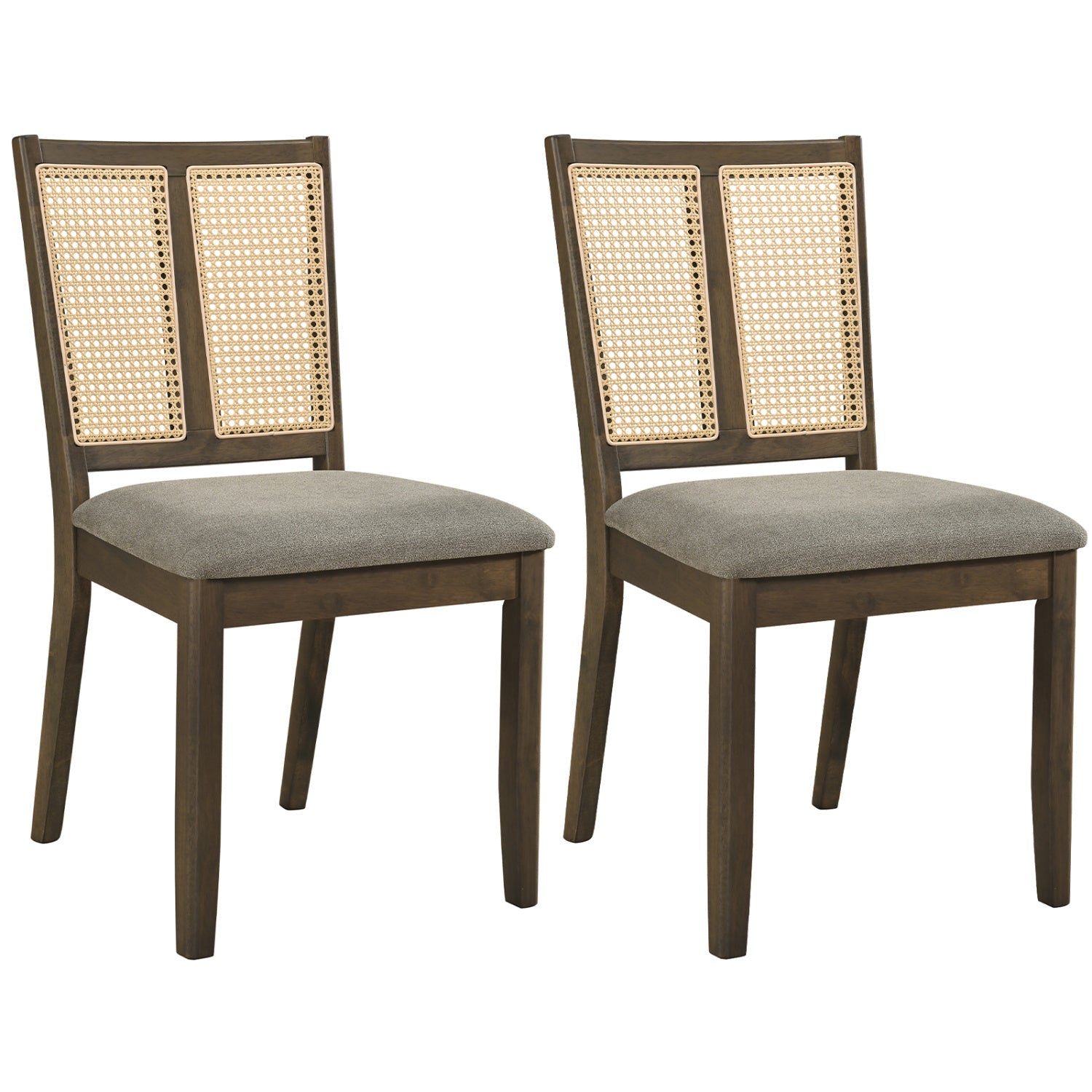 Rattan dining chairs pair with curved backrests and grey cushioned seats, dark wood frames on Tampa Home & Garden Store