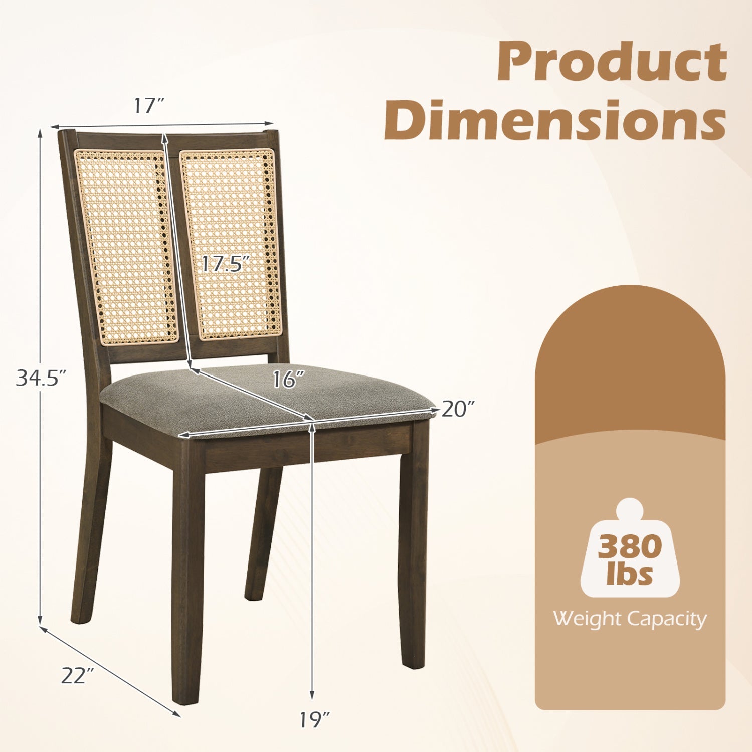 Rattan dining chairs 2-pack DirectDeals, curved caned backs, dark wood frame with cushions on Tampa Home & Garden Store