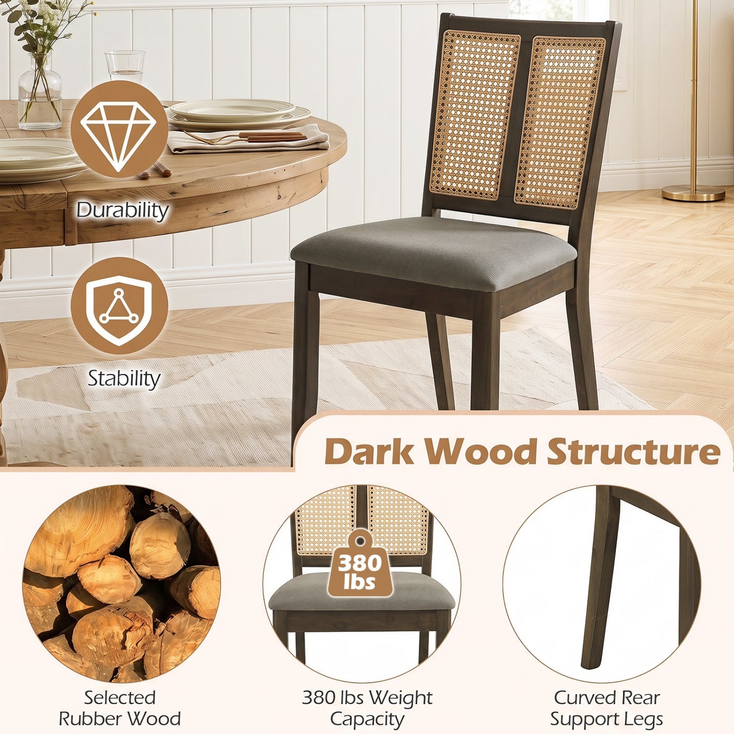 Rattan Dining Chairs 2 with curved backrest dark wood frame DirectDeals on Tampa Home & Garden Store