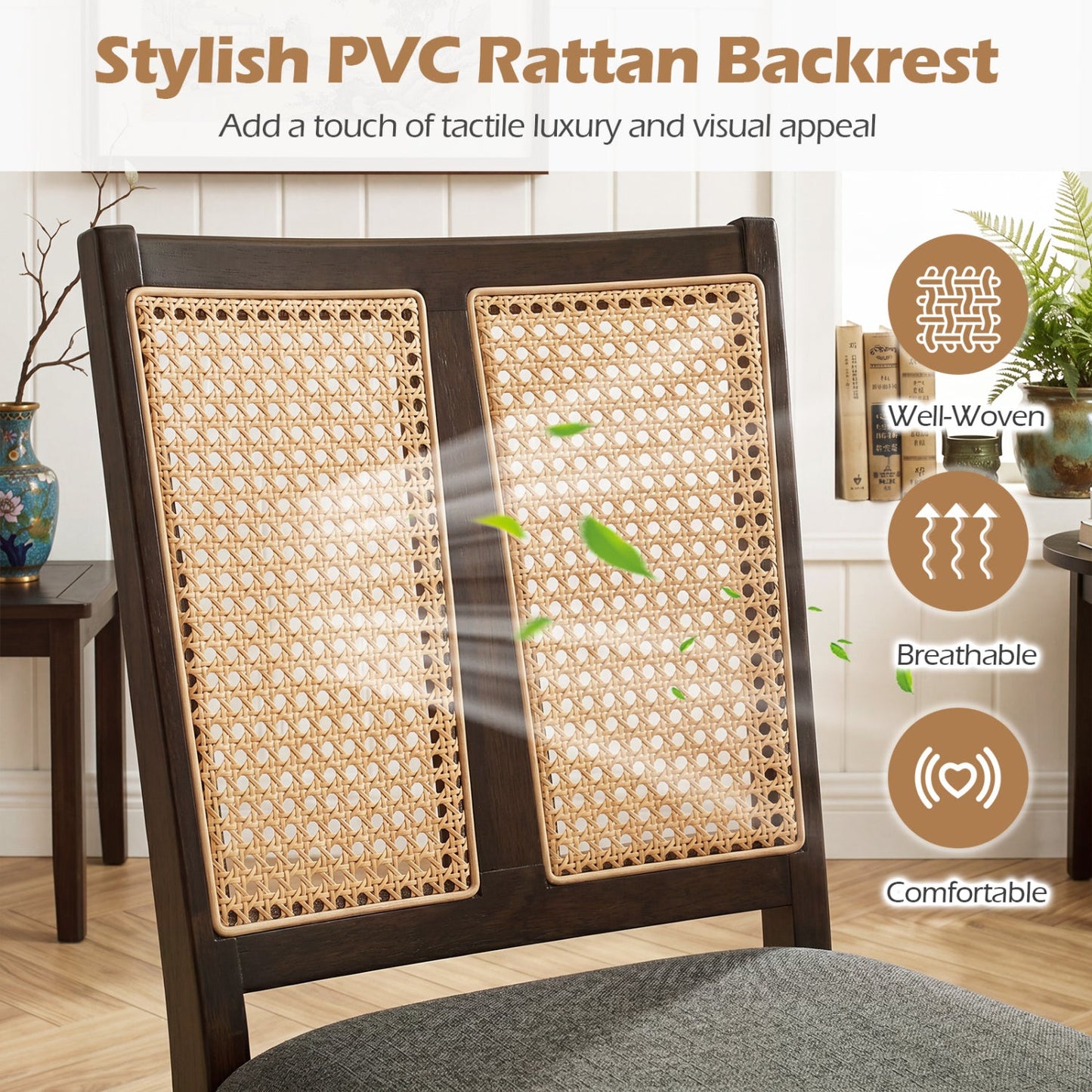Rattan dining chairs set of 2 with curved backrests, dark wood frame and woven rattan panels on Tampa Home & Garden Store