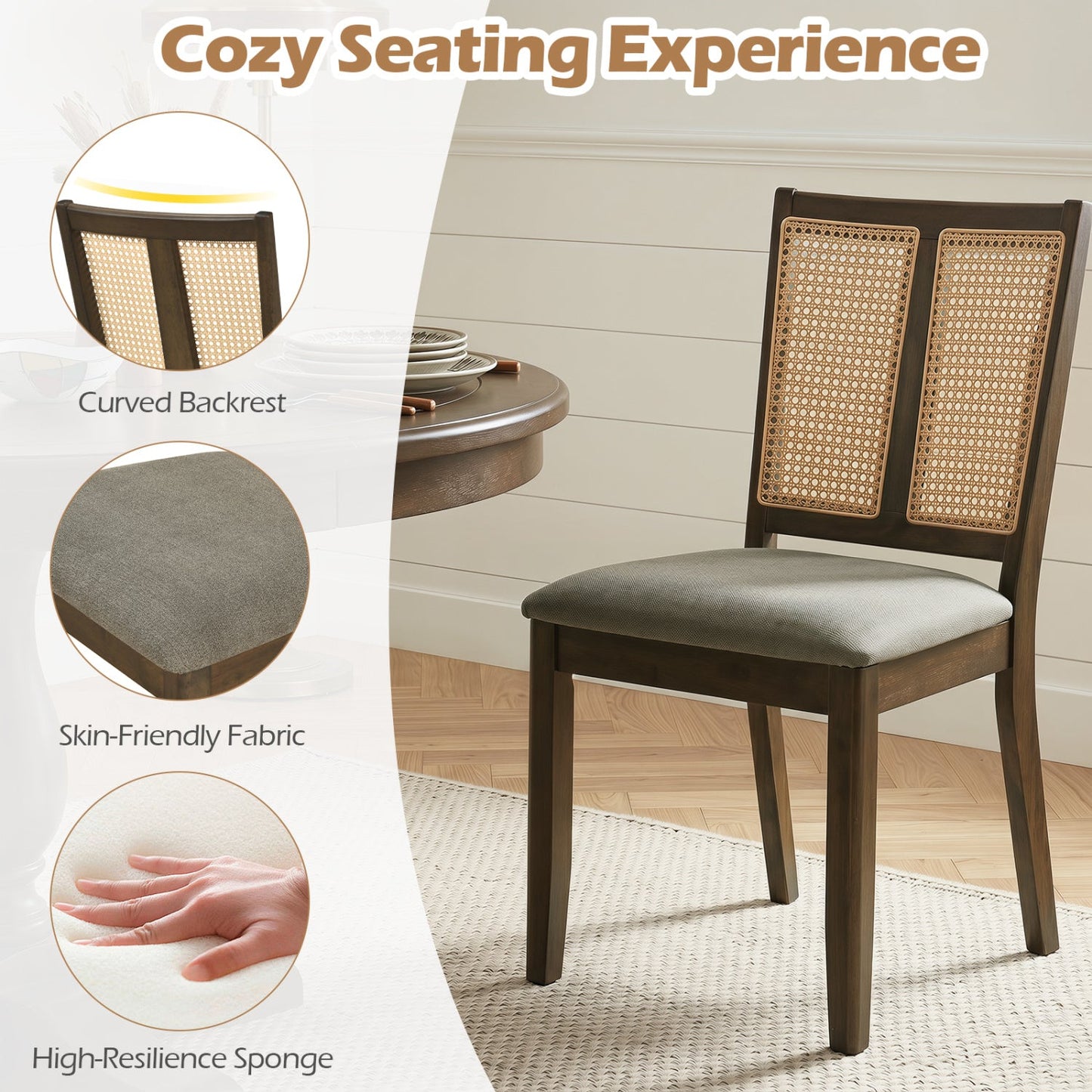 Rattan Dining Chairs set of 2 with curved backrests and gray upholstered seats on Tampa Home & Garden Store