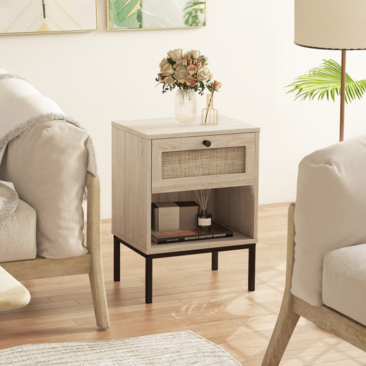 Rattan Nightstand Boho End Table with Rattan Drawer and Open Shelf - Tampa Home & Garden Store