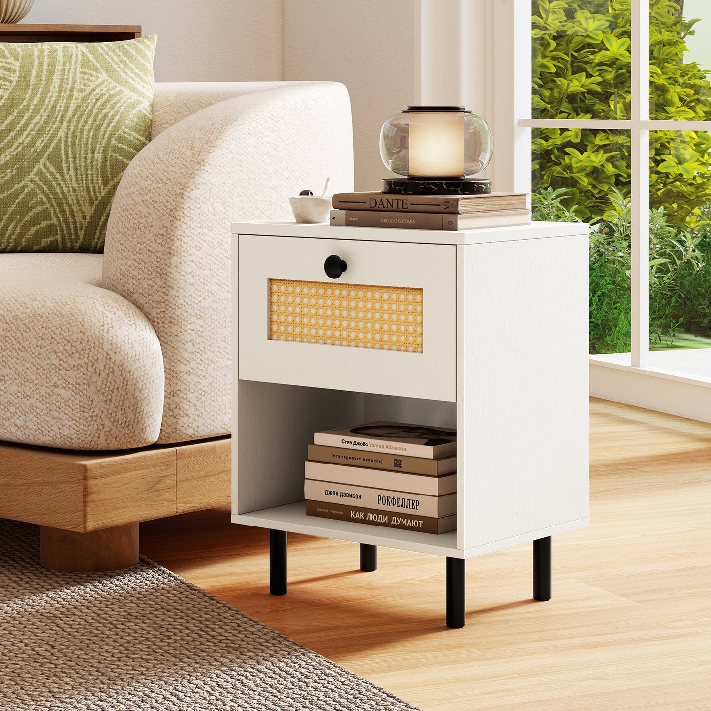 Rattan Nightstand Boho End Table with Rattan Drawer and Open Shelf Set of 2-Oak