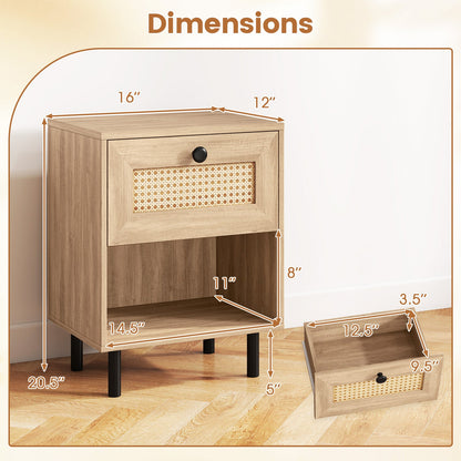 Rattan Nightstand Boho End Table with Rattan Drawer and Open Shelf
