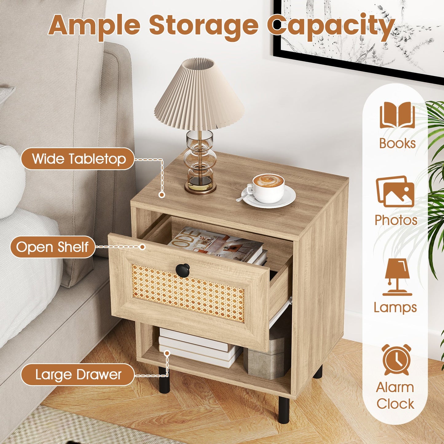 Rattan Nightstand Boho End Table with Rattan Drawer and Open Shelf