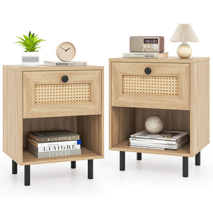 Rattan Nightstand Boho End Table with Rattan Drawer and Open Shelf Set of 2-Oak
