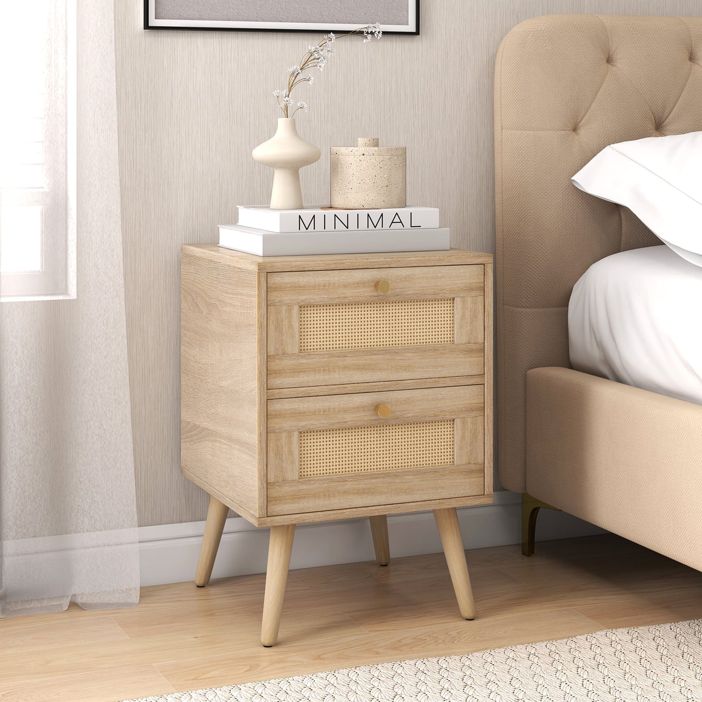 Rattan Nightstand Bedside Table and 2 Drawers