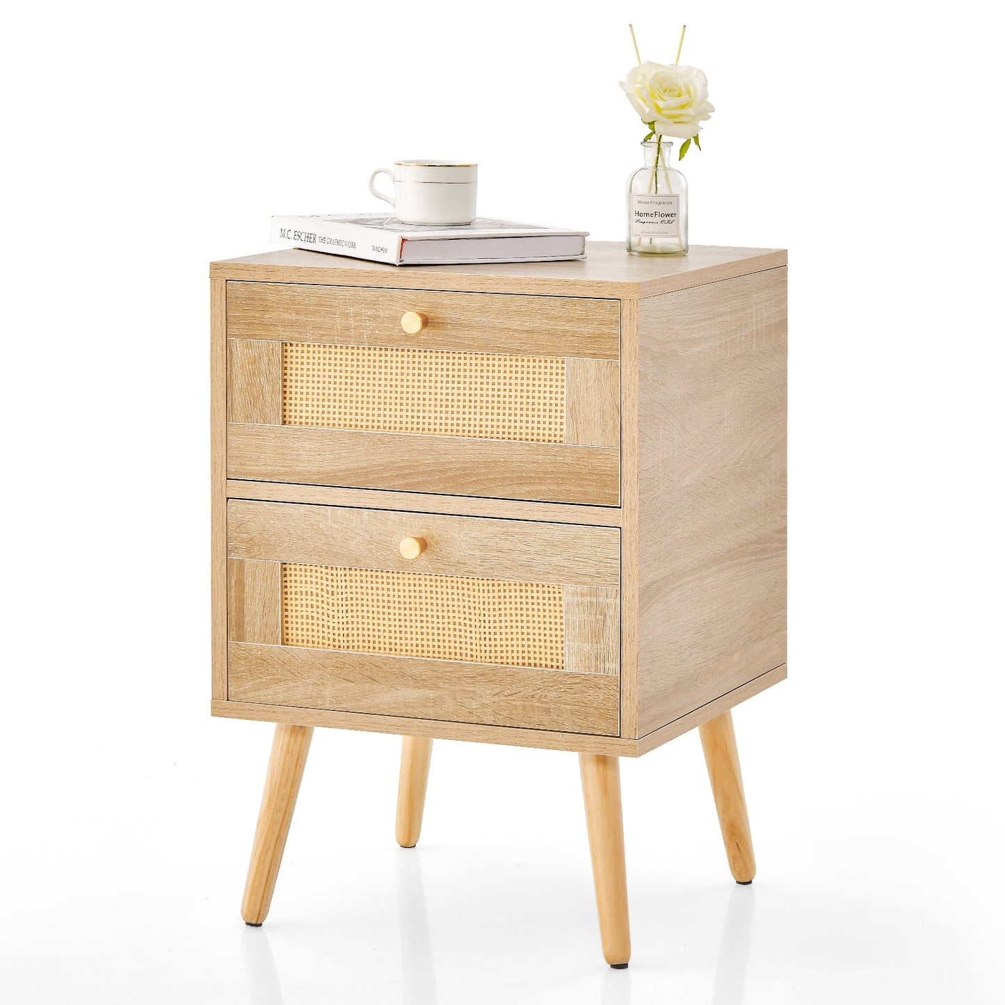 Rattan Nightstand Bedside Table and 2 Drawers