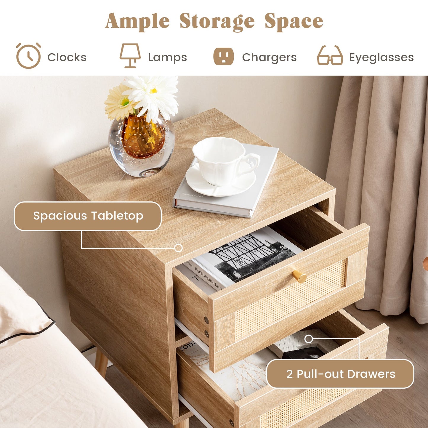 Rattan Nightstand Bedside Table and 2 Drawers