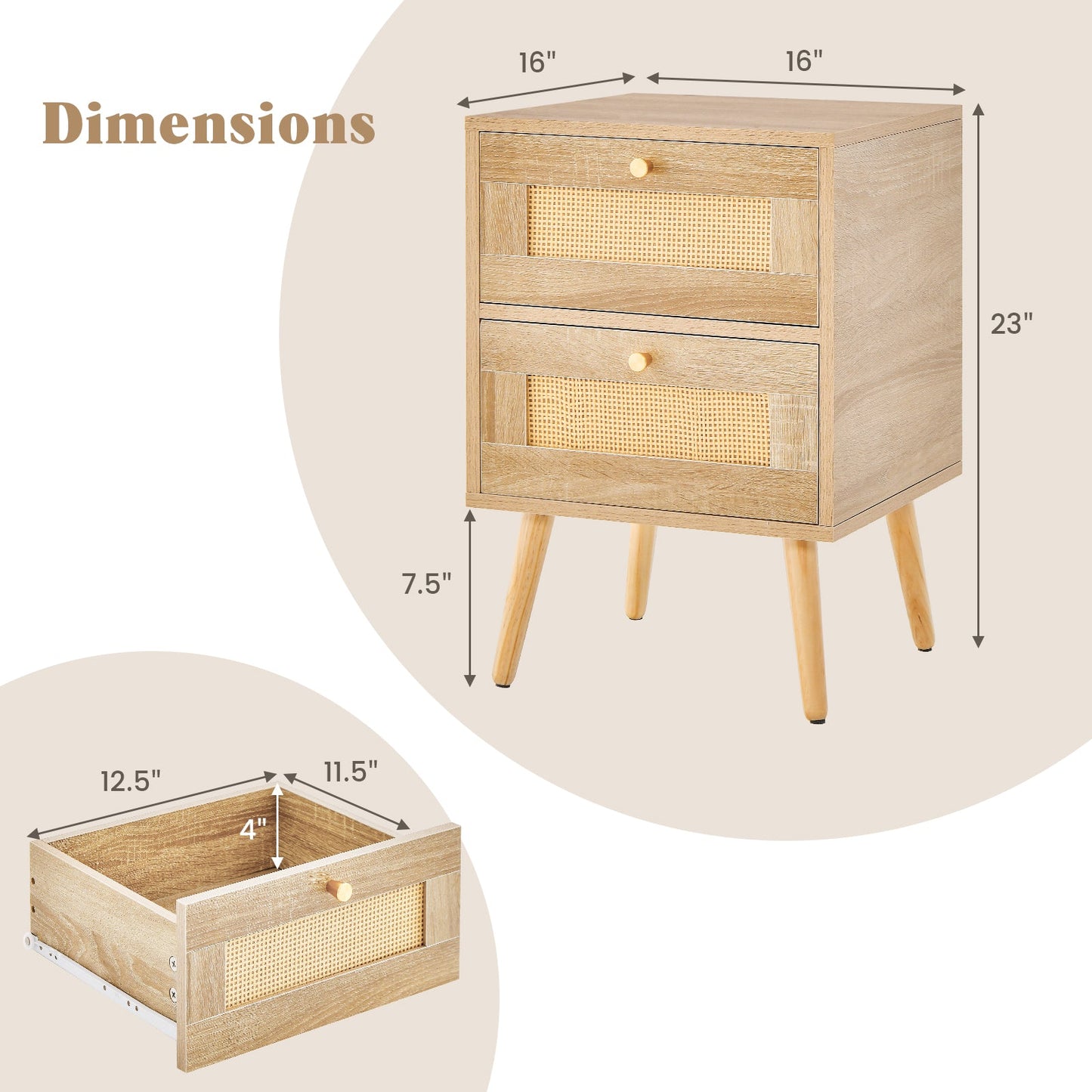 Rattan Nightstand Bedside Table and 2 Drawers