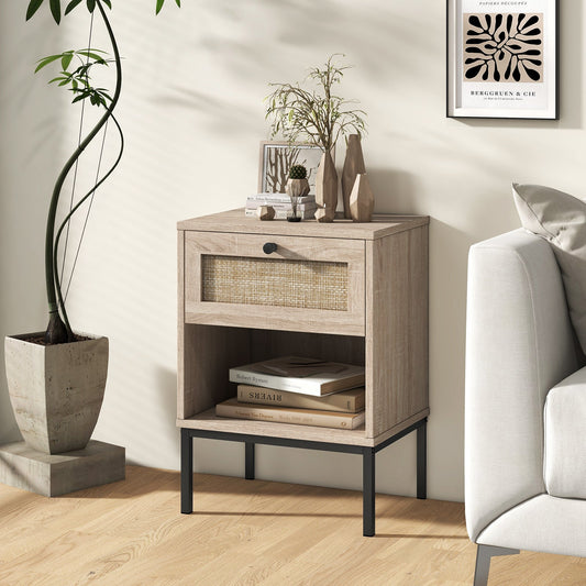 Rattan Nightstand Boho End Table with Rattan Drawer and Open Shelf Set of 2-Oak - Tampa Home & Garden Store