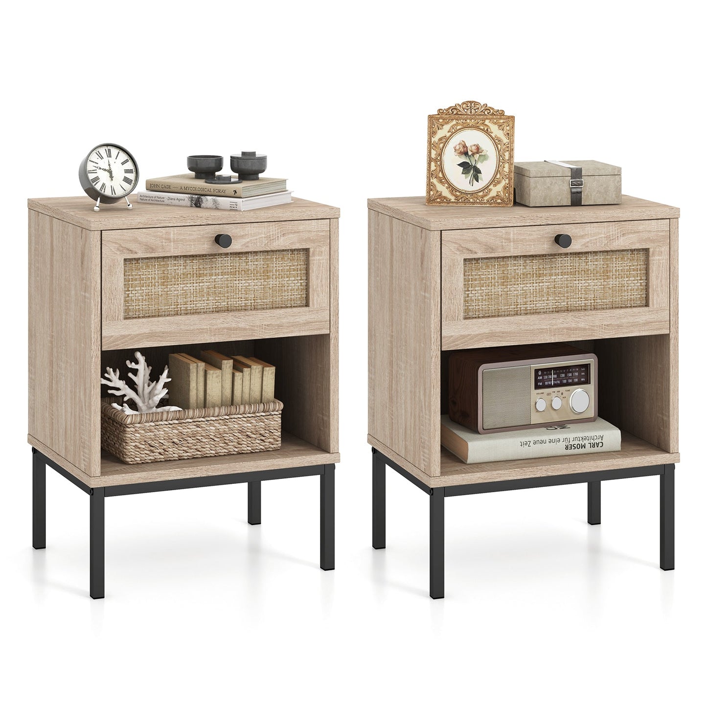 Rattan Nightstand Boho End Table with Rattan Drawer and Open Shelf Set of 2-Oak