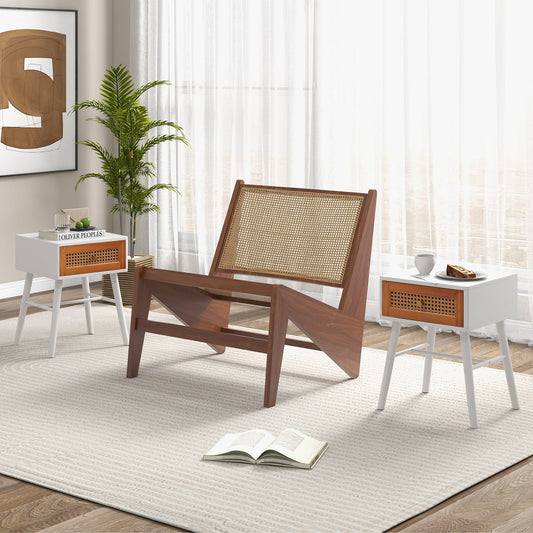 Rattan Nightstand Mid Century Modern Accent Table with Drawer-White - Tampa Home & Garden Store