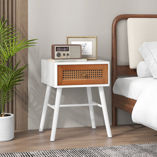 Rattan Nightstand Mid Century Modern Accent Table with Drawer-White - Tampa Home & Garden Store