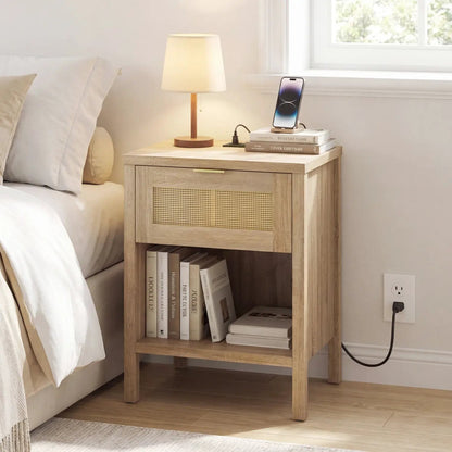 Rattan Nightstand with Charging Station and Shelf