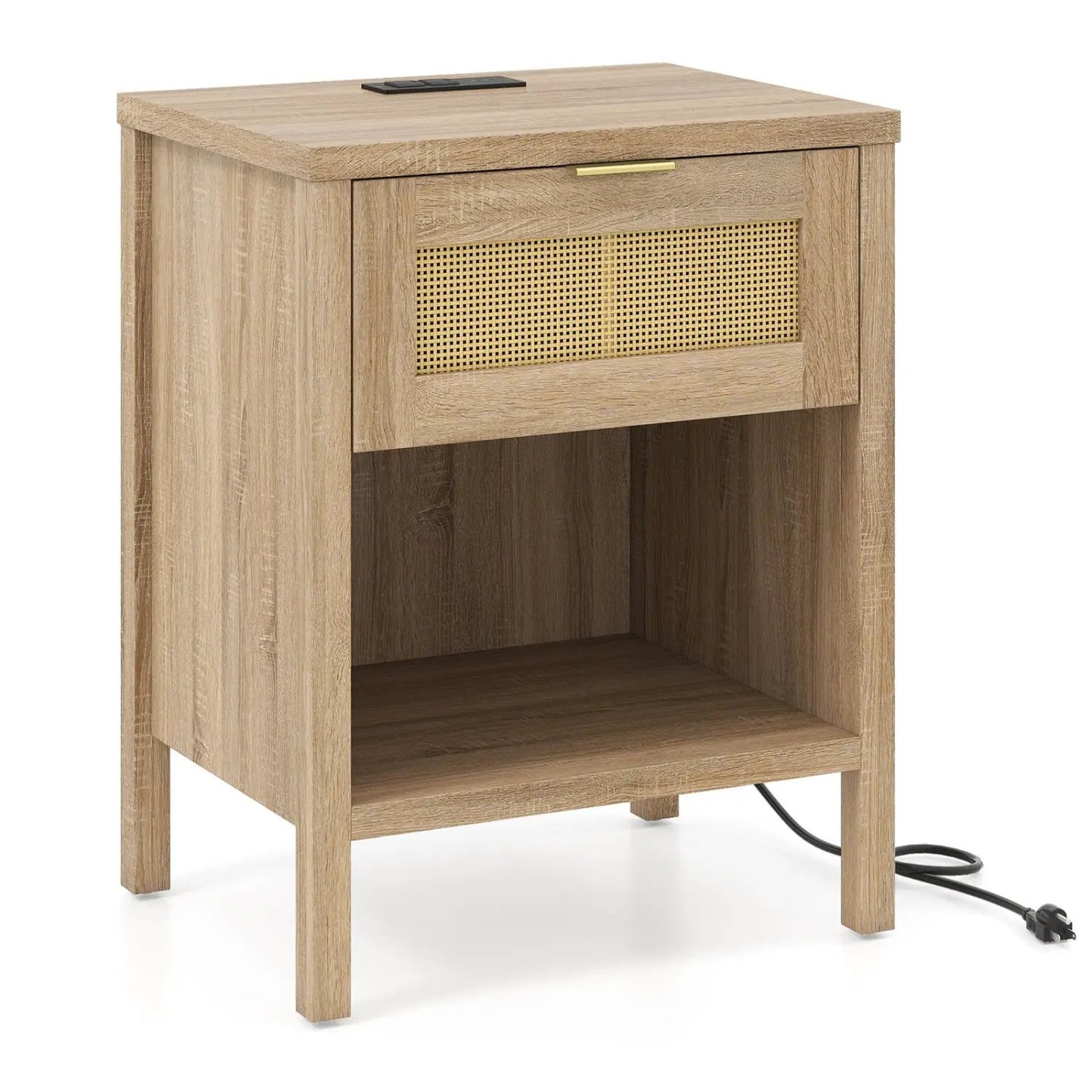 Rattan Nightstand with Charging Station and Shelf