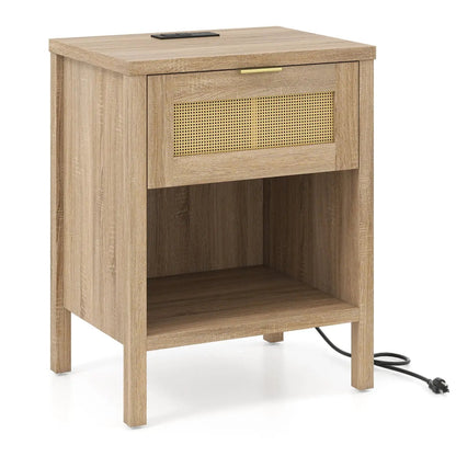 Rattan Nightstand with Charging Station and Shelf