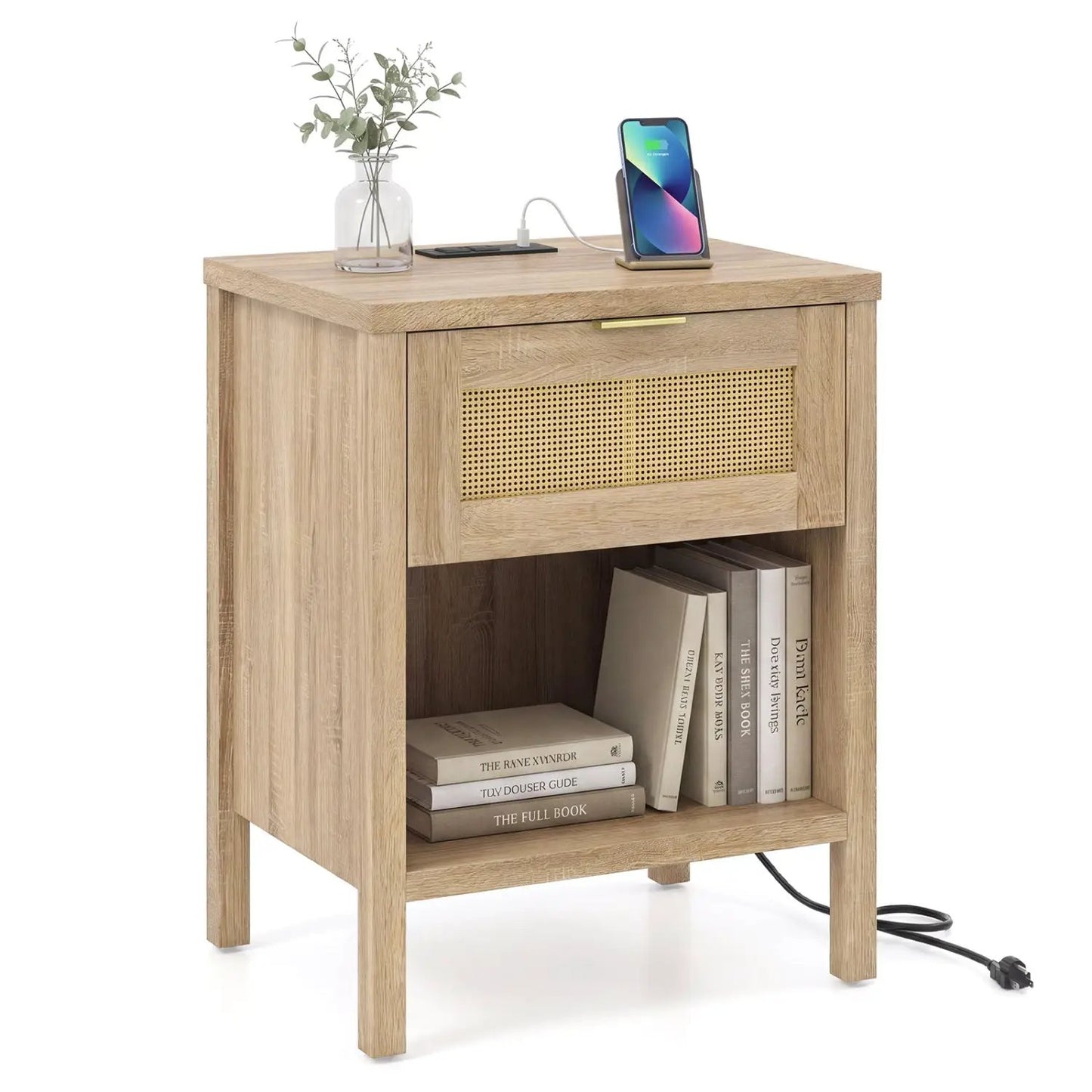 Rattan Nightstand with Charging Station and Shelf