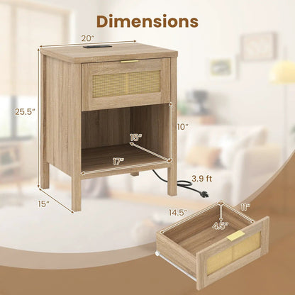 Rattan Nightstand with Charging Station and Shelf