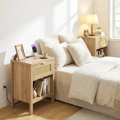 Rattan Nightstand with Charging Station and Shelf