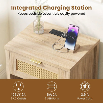 Rattan Nightstand with Charging Station and Shelf