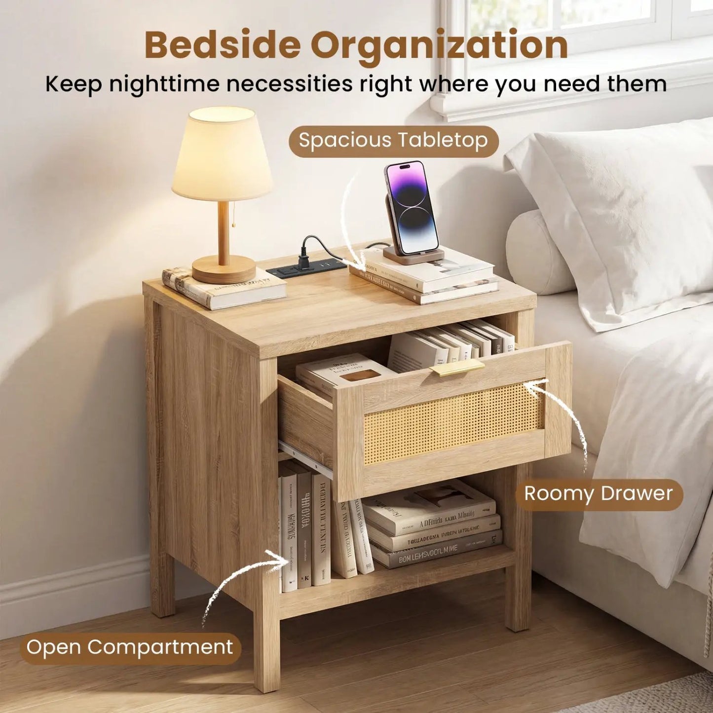 Rattan Nightstand with Charging Station and Shelf