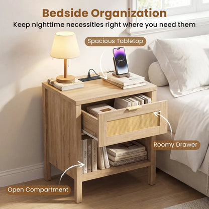 Rattan Nightstand with Charging Station and Shelf