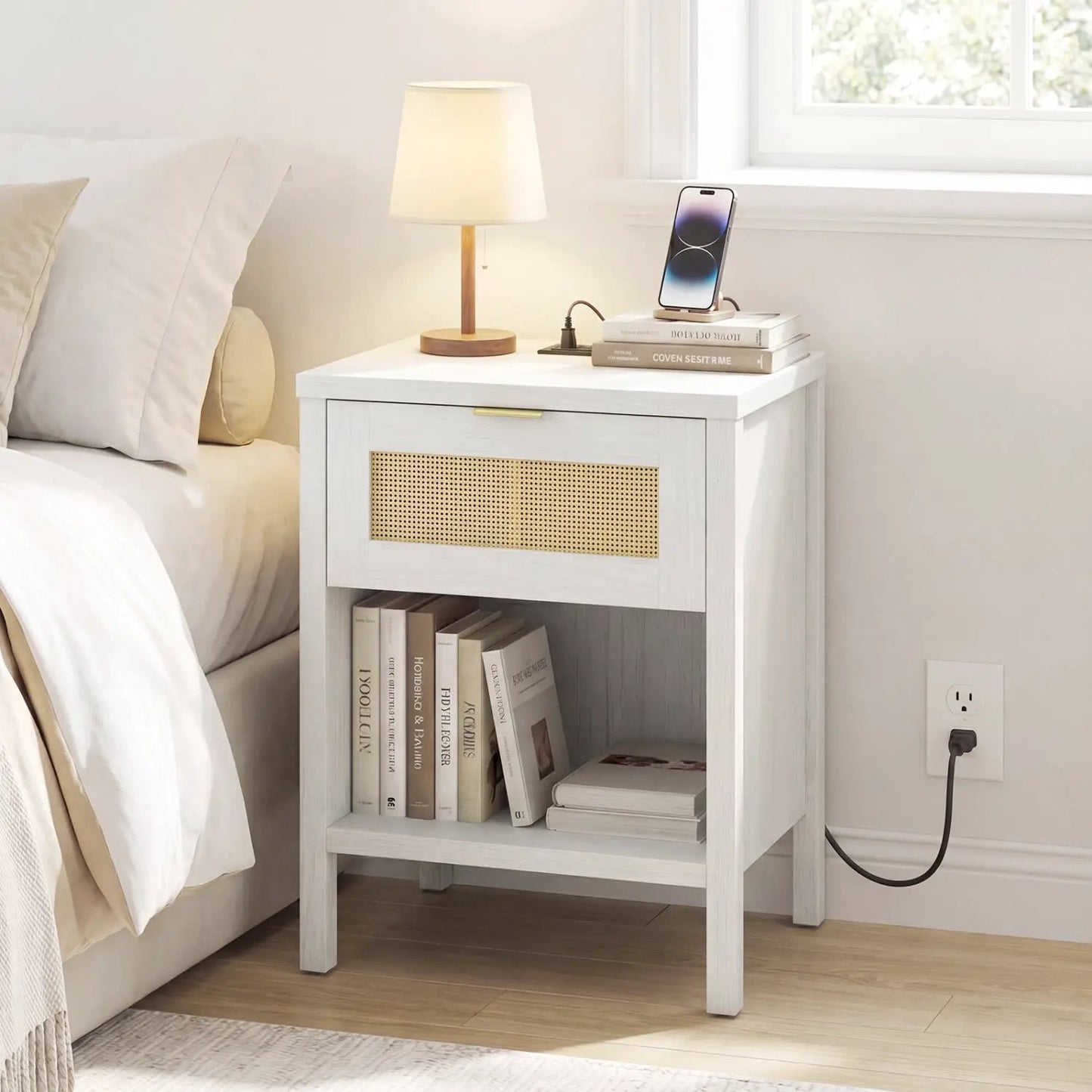 Rattan Nightstand with Charging Station and Shelf