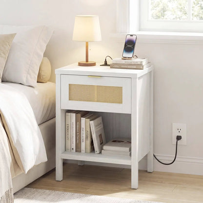 Rattan Nightstand with Charging Station and Shelf