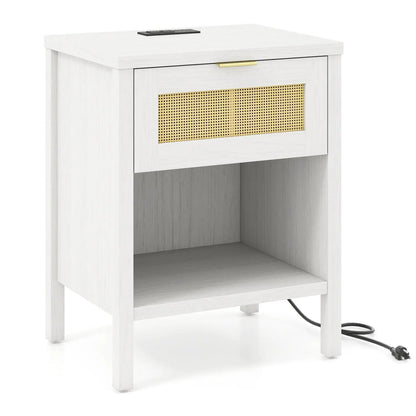 Rattan Nightstand with Charging Station and Shelf